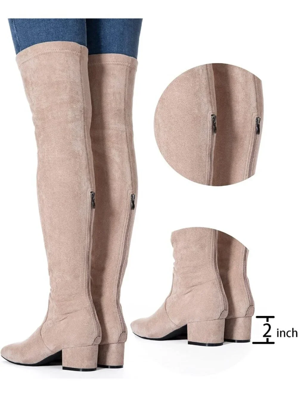 Women's Khaki 2 Inch Pointed Toe Chunky Block Heel Over The Knee High Boots